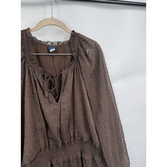 Old Navy Plus Size Dress Women 2X Brown Sheer Smocked Waist Ruffle Peasant - Picture 9 of 10
